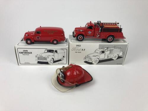 FIRST GEAR FIRE: Three diecast models by First Gear. Replica Fire Helmet bank