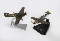 WWII: Two World War II small scale aircraft models, comprising a Luftwaffe Messerschmitt Me109G-10, 14cm wingspan and an RAF Hawker Hurricane, 17cm wingspan, both mounted to display stands