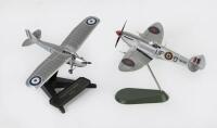 RAF: Two small scale RAF models, a De Havilland&nbsp;Puss Moth and a Supermarine&nbsp;Spitfire, both on display stands, wingspans on both approx 15cm