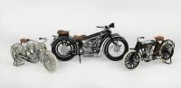 MOTORCYCLES: A group of three small scaled model motorcycles comprising two early Harley Davidsons and one BMW R32 model, the largest being the BMW approx 12cm long