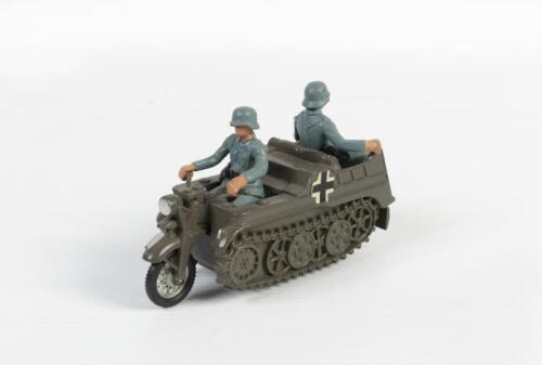 KETTENKRAD: A Britains Ltd German Army Kettenkrad military motorcycle with two German Army soldier figurines, no box