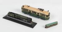 TRAMS/TRAINS: A group of three Tram and&nbsp;Train models, comprising&nbsp;a Melbourne City Circle tram a Melbourne 'W' Class tram&nbsp;and a British Railways 'Britannia' steam&nbsp;locomotive on&nbsp;display base