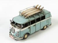 VOLKSWAGEN: A Boutica&nbsp;handmade tin VW Kombi van with surfboards on roof, fitted with analog clock to front, 30cm long