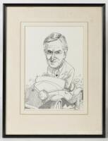 MARK KNIGHT: A framed and glazed caricature of David Jones behind the wheel of his 1930 Alfa Romeo SS, by Mark Knight, 48cm high, 37cm wide