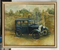 AUSTIN 7: An original&nbsp;oil on canvas painting of an Austin 7, one of Diana Jones's favorite cars, signed to lower 'Jill&nbsp;Griffith'&nbsp;56cm high, 67cm wide