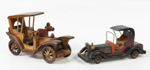 VINTAGE CARS: Two wooden models of vintage cars, largest 32cm long