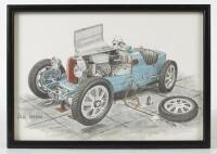 MIKE HARBAR: A&nbsp;small detailed&nbsp;illustration of a Type 37 Bugatti in a workshop scene, framed and glazed 18cm high, 26cm wide