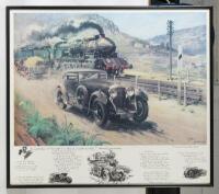 BENTLEY: A print after the original art work by artist Terence Cuneo titled 'Bentley v&nbsp;"Blue Train" 1970. Framed & glazed 71.5cm high, 81.5cm wide