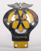 AUTOMOBILE ASSOCIATION: An Automobile Association 'AA' grille badge stamped with '1B23049' to lower 13.5cm high, 9.5cm wide