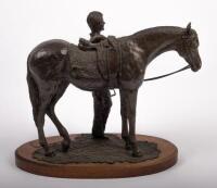 MARY PINSENT: A large bronze sculpture by equine artist Mary Pinsent, features horse with standing rider on oval wooden base, with fixed plaque commemorating the 1988 Australian Bicentennial Castrol World Rally - 5