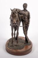 MARY PINSENT: A large bronze sculpture by equine artist Mary Pinsent, features horse with standing rider on oval wooden base, with fixed plaque commemorating the 1988 Australian Bicentennial Castrol World Rally - 6