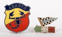 FIAT ABARTH: A pair of badges as suited to late 1950s -&nbsp;early 1960s Fiat Abarth 750 models including 'Gran Turismo 750' flag badge and Abarth&nbsp;emblem