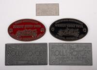 ROLLS ROYCE: A collection of five Rolls-Royce plaques/badges comprising&nbsp;two 'Wholly Ghost Tour' 1994 & 1996 along with two Rolls Royce 'London & Derby' plaques one engraved from the 2003 Alpine Tour, other blank, and a&nbsp;small Federal Rally 1991 plaque, lar
