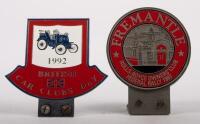 BADGES: Two car club event badges, a 1992 British Car Clubs Day badge and a 1997 Rolls-Royce Owner's Club Federal Rally in Fremantle badge