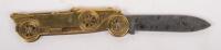 POCKET KNIFE: A small brass vintage car folding pocket knife 9cm long