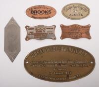 PLAQUES: A group of six&nbsp;plaques comprising&nbsp;two CAV Electric Headlight plaques models G & B, a Bigler MFG Co plaque, a Brooks plaque, a&nbsp;Dalgety & Co 'Agents' plaque, and a&nbsp;Great Western Railway notice plaque