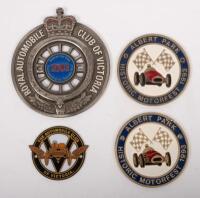 BADGES: A group of four badges comprising an RACV Veteran Car Club 2003 Tooradin Run badge, two Albert Park Historic Motorfest 1993 badges and a&nbsp;'The Automobile Club of Victoria' modern badge