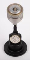 CLOCK / THERMOMETER: A desk analog clock and thermometer fixed to an item resembling a conrod & piston, 27cm high, untested
