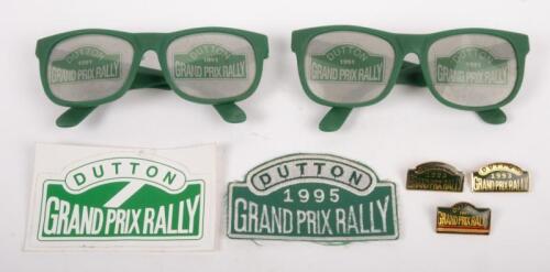 GRAND PRIX RALLY: A group of Dutton Grand Prix Rally items from the 1990s, badges, sticker, patch and two glasses