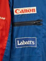 RACING SUIT: A Fred Perry Williams Renault overalls, includes other sponsors tags such as Labatts, Canon, Camel, Elf, Good Year etc, no size tag evident, 1.6m long - 2