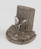 ROLLS-ROYCE: A Rolls-Royce book end with 'Spirit of Ecstasy' mounted emblem, base is marble with fluted columns at rear, mascot engraved 'S&SLTD' (Saunders & Shepherd, London),&nbsp;silver plaque at front reads 'G.N.C.M', 12cm high, 9.5cm deep, 12cm wide