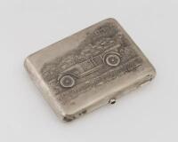 CIGARETTE CASE: A 1927 dated cigarette case, with vintage car embossed on front, 8cm high, 11cm wide
