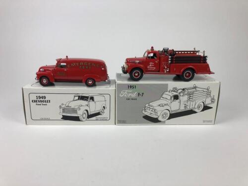 FIRST GEAR FIRE: Two diecast metal scale models by First Gear. 1949 Chevrolet Panel Truck 'F.D.N.Y. Emergency' (19-1378) & 1951 Ford F-7 Fire Truck 'Ford Rouge Plant' (19-1901)