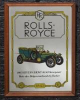 MIRROR: A small reverse printed mirror 'Rolls-Royce 1907 Silver Ghost 40/50 Horsepower...' within wooden frame 40.5cm high, 30.5cm wide