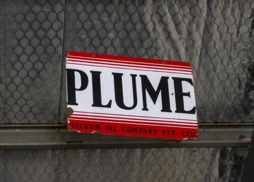 PLUME: An excellent original double sided Vacuum Oil Company Pty Ltd 'Plume' enamel sign, approx. 35cm high, 55cm wide