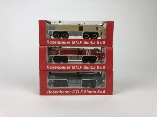 AIRCRAFT FIRE TENDERS: Three 1:87 scale Rosenbauer GTLF Simba 8 x 8 Air Craft Fire Tender models by R + H