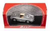 PORSCHE 550 RS LE MANS 1957: A Porsche 550 RS model car, the number #33 race car as driven by Hans Herrmann and Richard von Frankenberg in the Le Mans 1957 race, made in Italy, manufactured by Best model, product number 9586