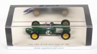TEAM LOTUS 18 #14 JIM CLARK PORTUGAL GP 1960: A Lotus 18 grand prix car, number #14 as driven by Jim Clark to 3rd place in the 1960 Portugal GP, manufactured by Spark models, product number S1840