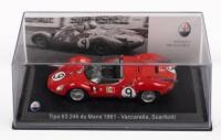 MASERATI TIPO 63 LE MANS 1961: A Maserati Tipo 63 model car, number #9 as driven by Vaccarella & Scarfiotti during the 1961 Le Mans race, manufactured Leo models, comes in an acrylic display case