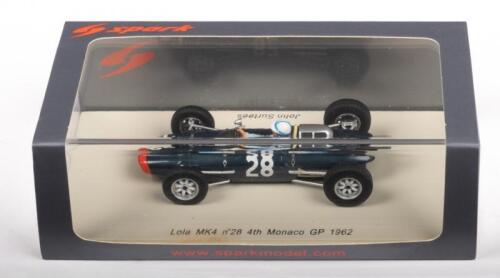 111 · LOLA MK4 MONACO GP JOHN SURTEES: A Lola MK4 model car, this is the number #28 race car, as driven to 4th place by John Surtees in the 1962 Monaco GP, manufactured by Spark models, product number S1814