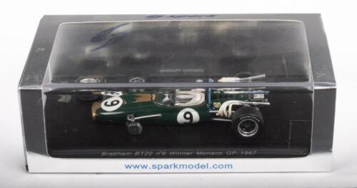 BRABHAM BT20 HULME MONACO 1967: A Brabham BT20 model car, the number #9 race car, as driven by Denny Hulme, to victory in the Monaco GP of 1967, manufactured by Spark models, product number S3502