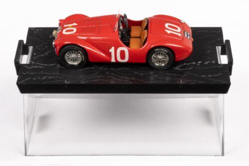 FERRARI 125S CORTESE 1947 MILLE MIGLIA: A Ferrari 125S model, the number #10 race car model, as driven by Cortese in the 1947 Mille Miglia, manufactured by Brumm models, product number R182, model comes on a plinth base and a clear acrylic case, no outer box