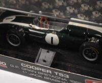 COOPER T53 #1 JACK BRABHAM 1960: A Cooper T53 model, the number #1 race car, as driven by Jack Brabham, during the GP Gran Bretagna 1960, manufactured by Brumm models, product number R300 - 2