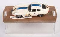 JAGUAR E TYPE #10: A Jaguar E Type race car model, #10 white with blue stripes, manufactured by box models, made in Italy, model on plinth with acrylic show case, no outer cardboard packaging&nbsp;