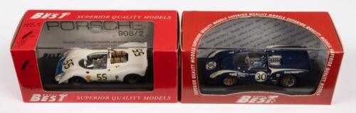 PORSCHE 908/2 BRANDS HATCH, LOLA T70 SPYDER: Two 1:43 scale Best models including a 1969 Porsche 908/2 Brands Hatch and a 1966 Lola T70 Spyder Bridgehampton D. Gurney