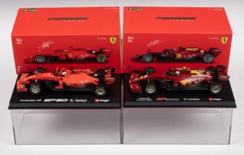 FERRARI SF90, FERRARI SF1000: Two 1:43 scale Burago models including a Ferrari SF90 Australian GP S. Vettel and a Ferrari SF1000 Tuscan GP C. Leclerc