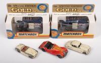 MG TC, SS 100 JAGUAR: A collection of five Tomica/Lesney/Matchbox&nbsp;models including a Morgan Plus 8, Jaguar XK-140, MG Sports Car and two Model T Ford Kellogs Vans