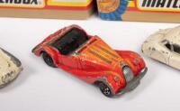 MG TC, SS 100 JAGUAR: A collection of five Tomica/Lesney/Matchbox&nbsp;models including a Morgan Plus 8, Jaguar XK-140, MG Sports Car and two Model T Ford Kellogs Vans - 2