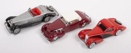 CORD, BUGATTI, MERCEDES BENZ: Three 1:43 scale Collide/Matchbox Models Of Yesteryear models including 1937 Cord Model B12, Bugatti 57 S Atlantic 1939 and a 1937 Mercedes Benz S40 K