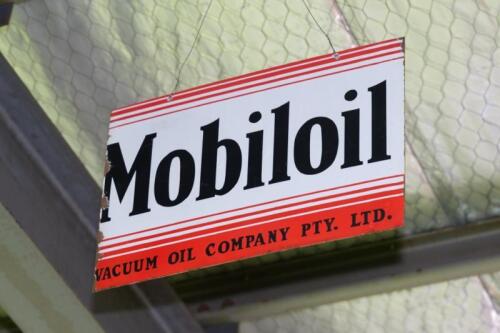 MOBILOIL: An excellent original double sided 'Mobiloil' Vacuum Oil Company&nbsp;Pty Ltd enamelled sign, approx. 35cm high, 55cm wide