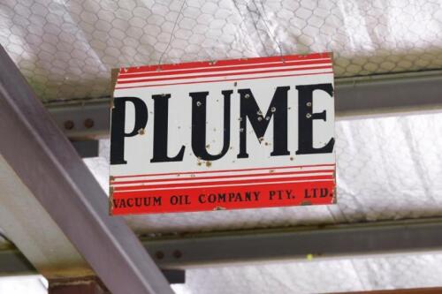 PLUME: An excellent original double sided 'PLUME' enamelled sign, Vacuum Oil Company Pty. Ltd. Australia,&nbsp;approx 35cm high, 55cm wide