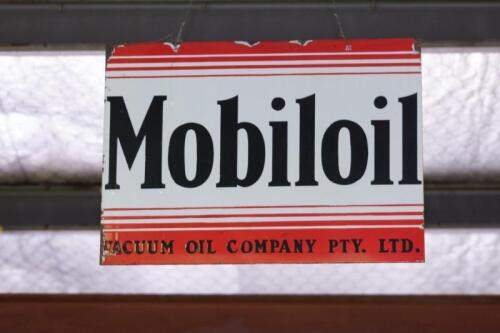 MOBILOIL: An excellent original double sided Vacuum Oil Company Pty Ltd 'Mobiloil' enamel sign, approx. 35cm high, 55cm wide