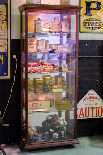 DISPLAY CASE: A excellent tall standing glass display cabinet, featuring wood frame, mirrored backing and base, five glass shelves, with&nbsp;240v powered cabinet lights, 188cm high, 76.5cm wide, 36cm deep overall