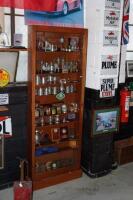 DISPLAY CASES: Two modern decorative timber and glass narrow freestanding display cases, the largest 238cm high, 91cm wide, 20cm deep, the other 194cm high, 92cm wide, 18cm deep - 2