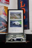 AUSTIN-HEALEY: A large exceptional (likely 1:10 scale) finely detailed model of a 1955 Austin-Healy 100S chassis AHS3701, thought to be scratch built by John Shinton in the UK, together with a framed collage presented to David Jones in appreciation of sev