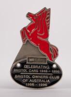 BRISTOL: An enamel commemorative car badge 'CELEBRATING BRISTOL OWNERS CLUB OF AUSTRALIA 1966-1996', stamped '49', produced by Detail Badges, 9.5cm high
